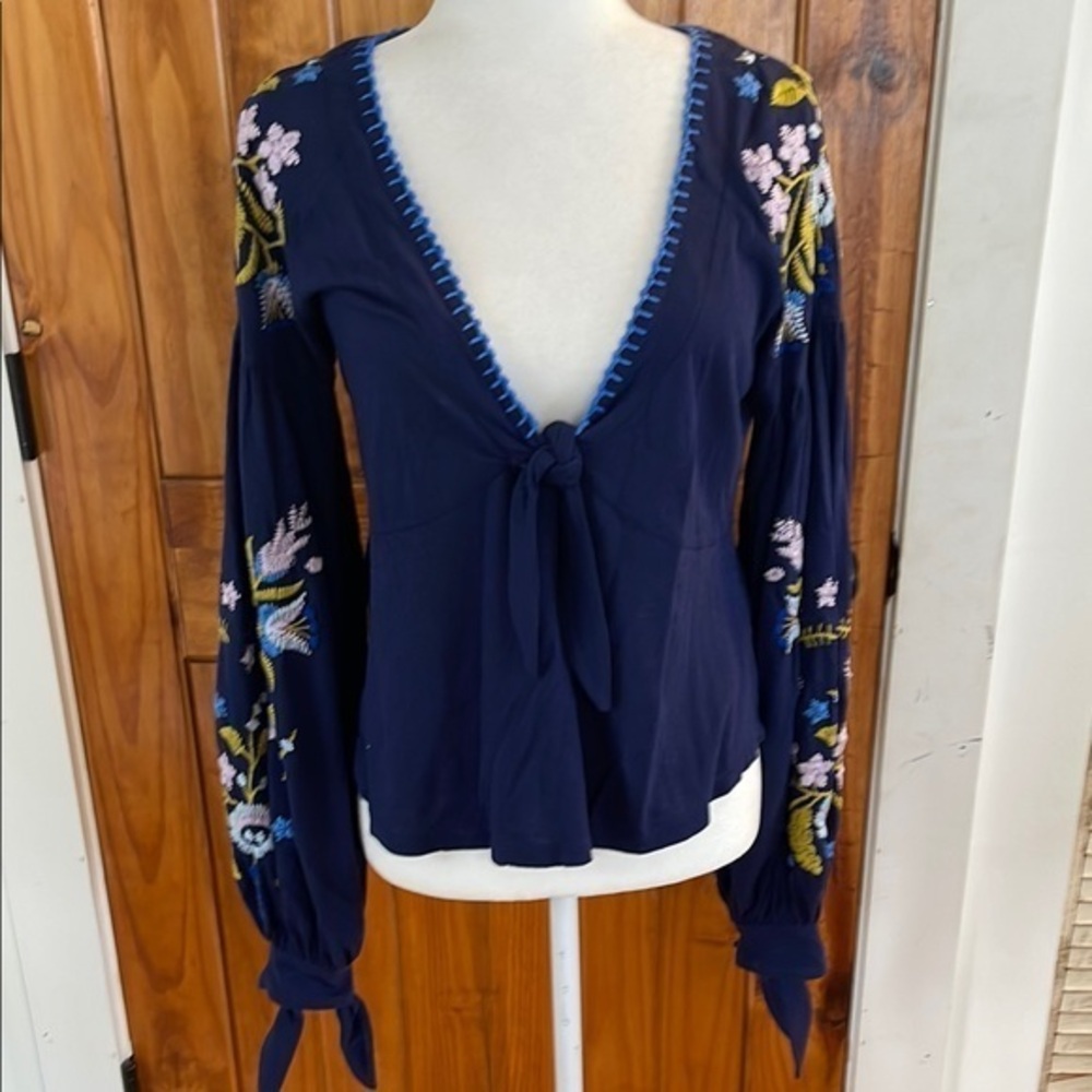 Free People Kara Blue Embroidered Top Small Balloon Puffy sleeves V Neck Cotton